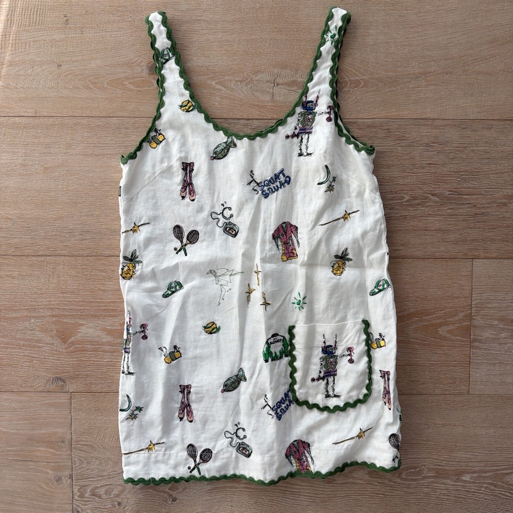 Alemais White Dress with Green Trim and Multicolor Embroidery